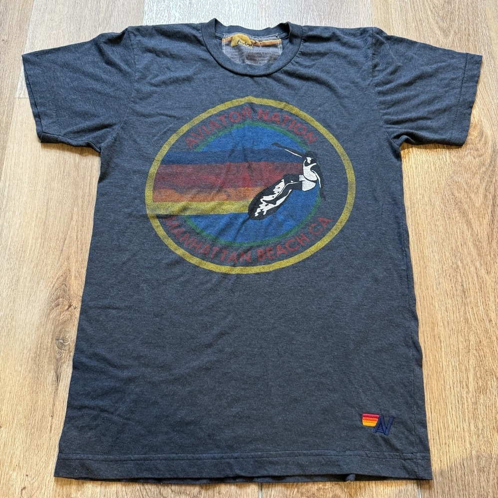 Aviator Nation Signature Tee Venice CA Logo Men's S Charcoal Grey